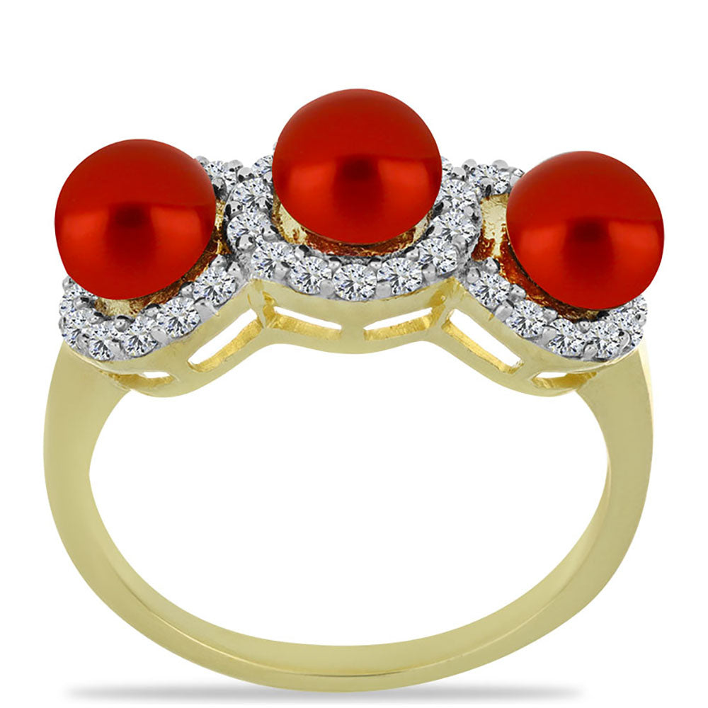 Anel de Prata com Banho de Ouro com Pérola Vermelha de Água Doce e Topázio Branco  Contraste: Cabeca de Veado (800)