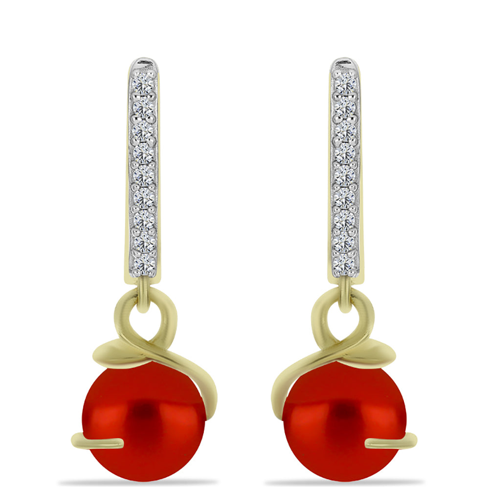 Brincos de Prata com Banho de Ouro com Pérola Vermelha de Água Doce e Topázio Branco 1 