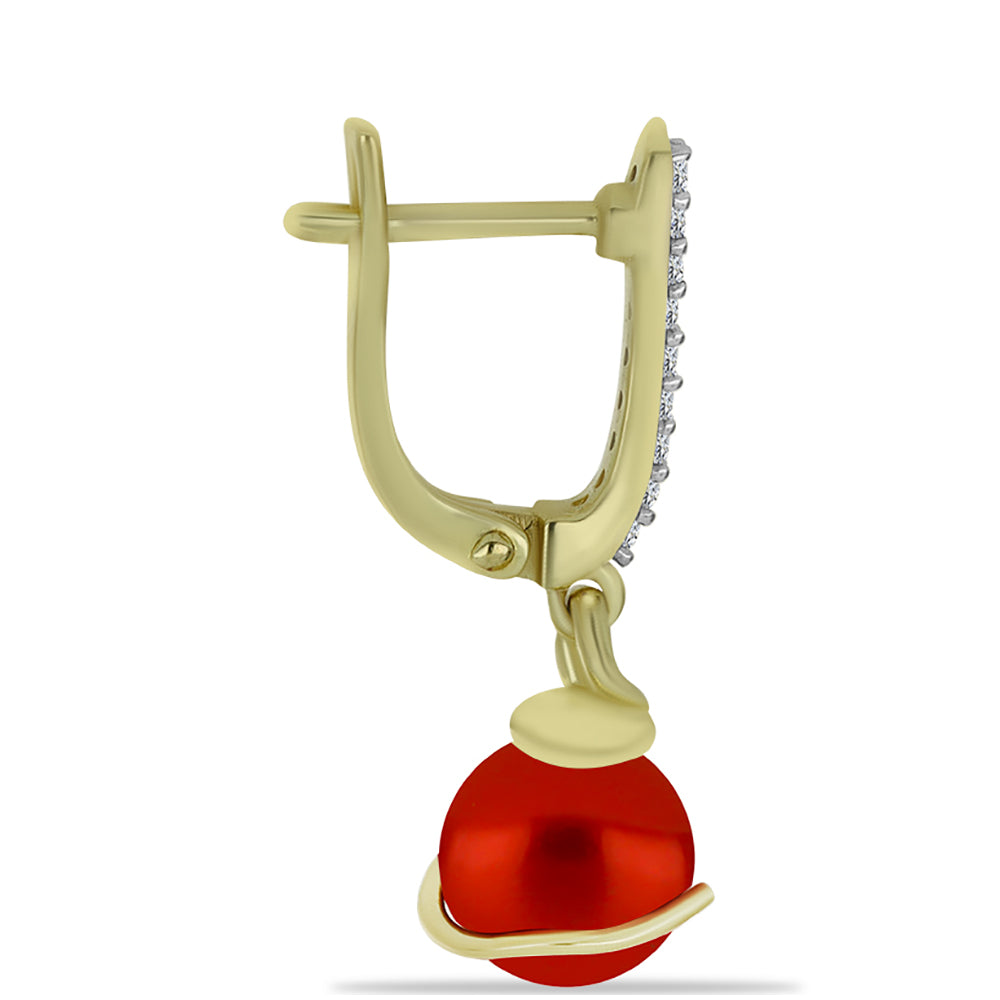 Brincos de Prata com Banho de Ouro com Pérola Vermelha de Água Doce e Topázio Branco 2 