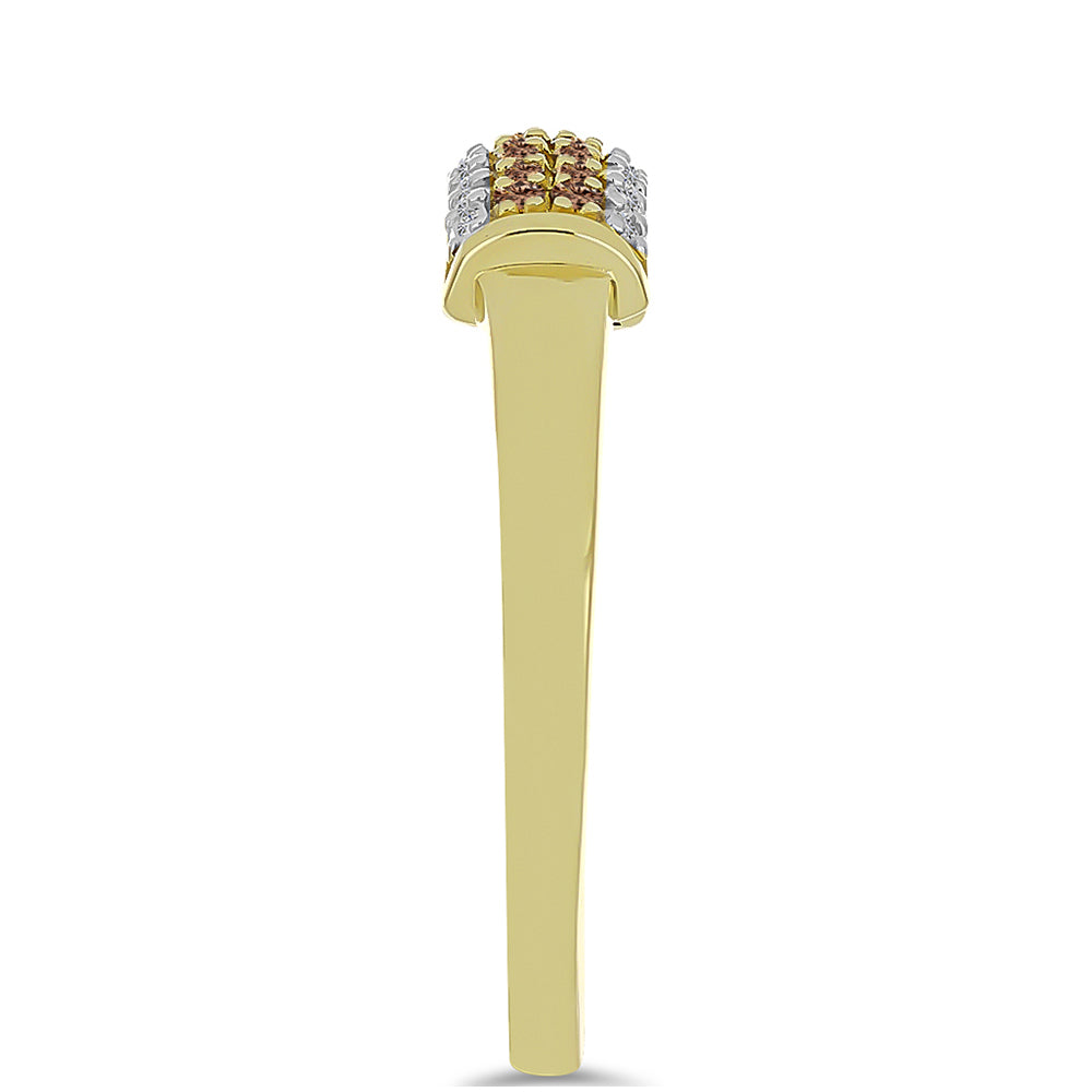 Anel de Prata com Banho de Ouro com Diamante Champanhe e Diamante Branco