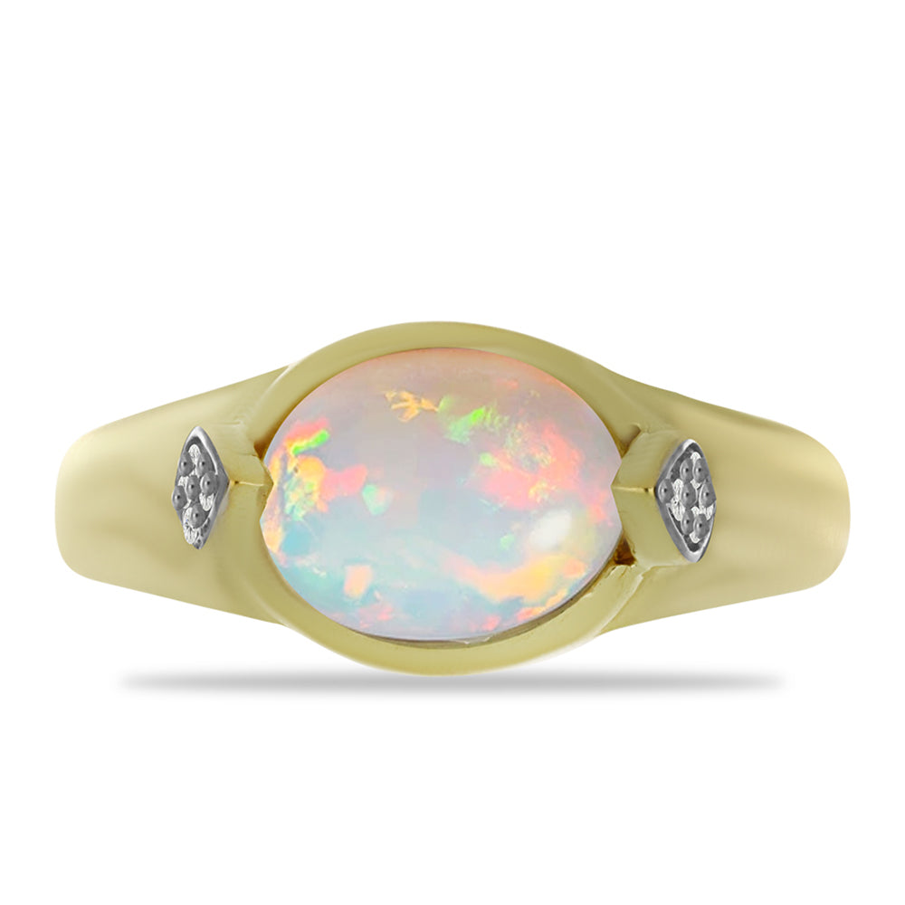 Anel de Prata com Banho de Ouro com Opala Welo e Topázio Branco  Contraste: Cabeca de Veado (800)