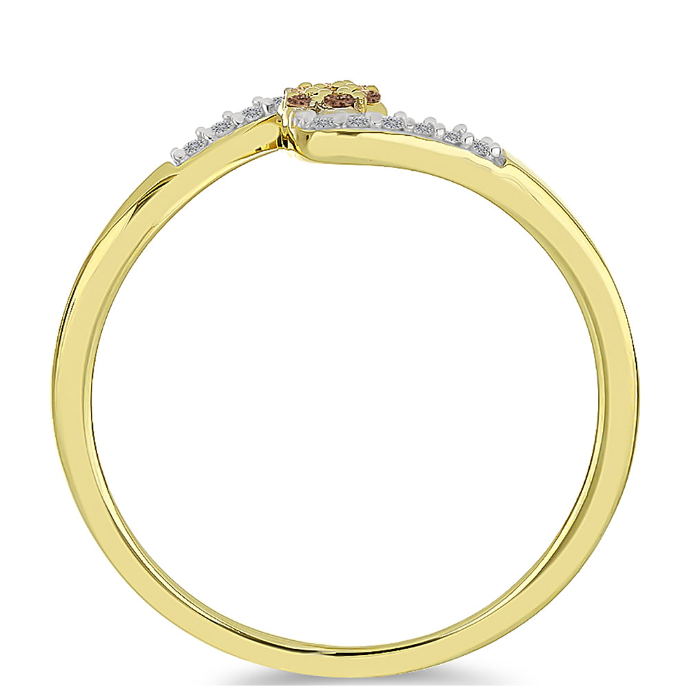 Anel de Prata com Banho de Ouro com Diamante Champanhe e Diamante Branco