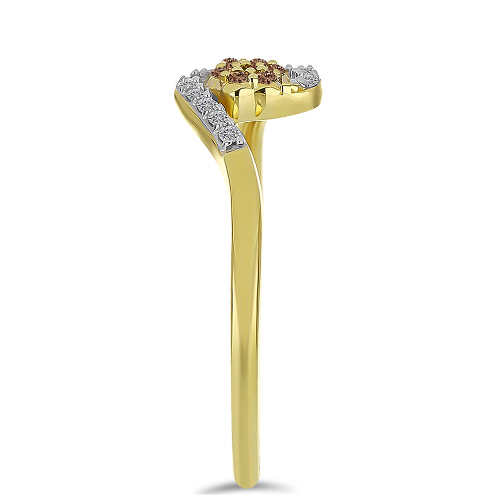 Anel de Prata com Banho de Ouro com Diamante Champanhe e Diamante Branco
