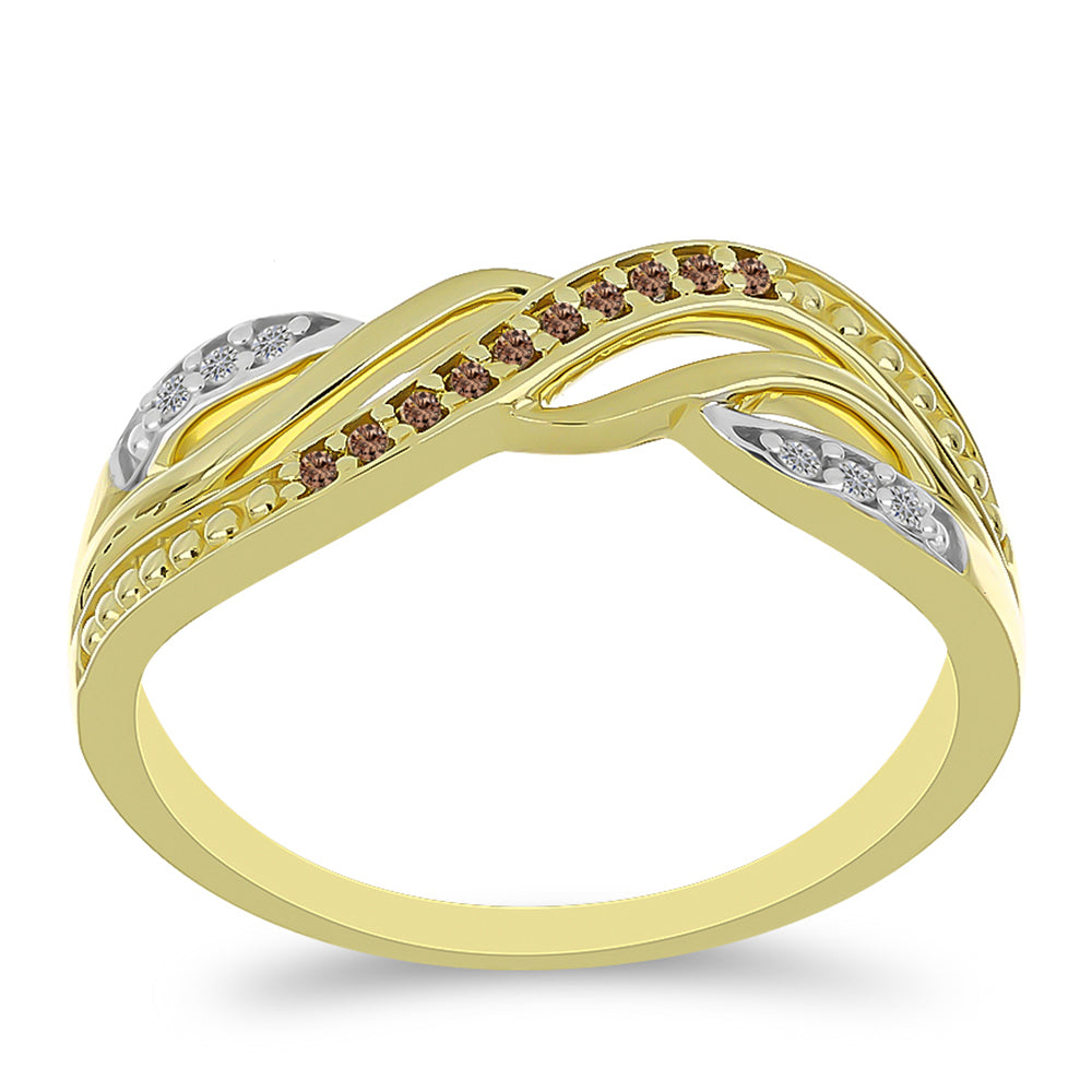 Anel de Prata com Banho de Ouro com Diamante Champanhe e Diamante Branco