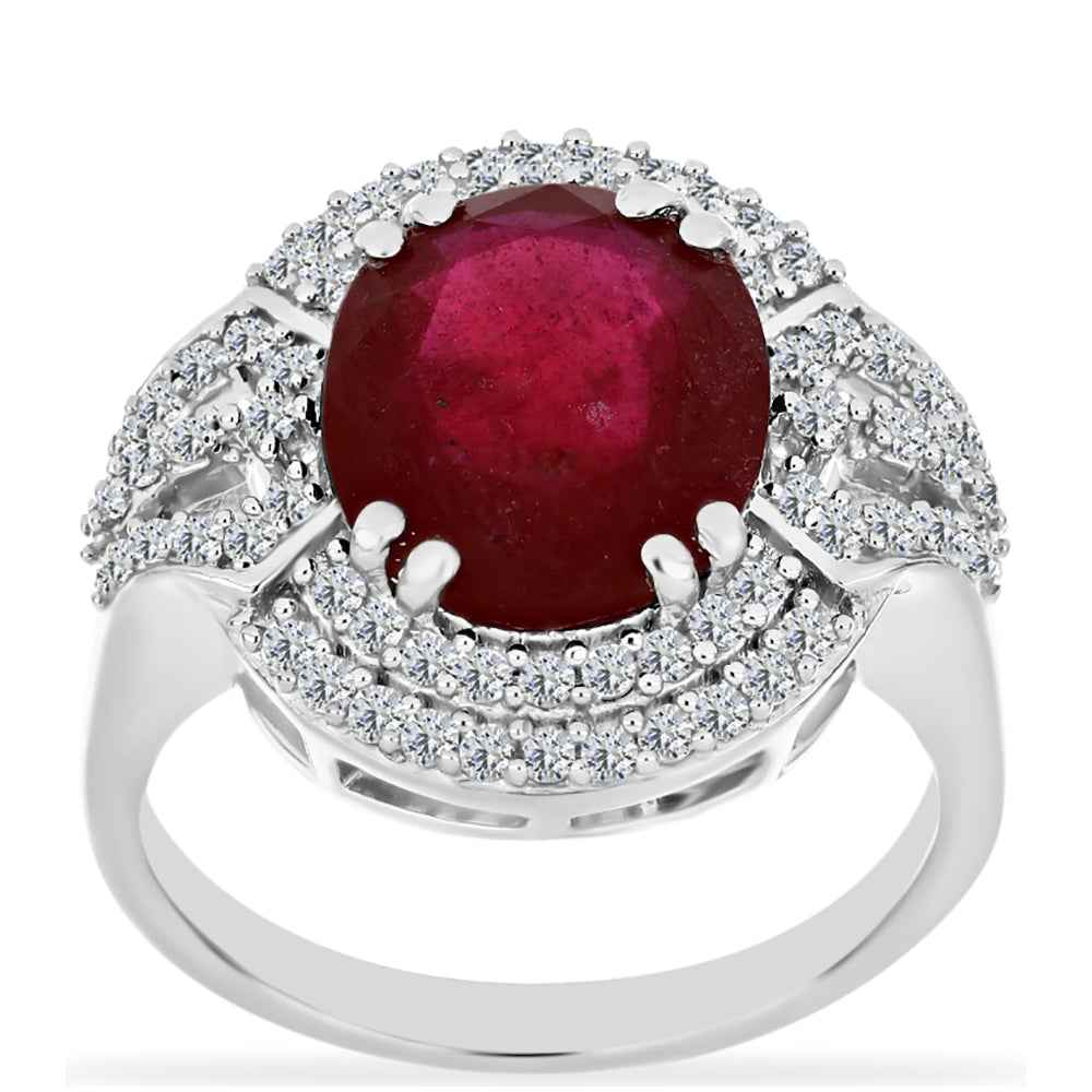 Anel de Prata com Rubi de Madagáscar e Diamante Branco  Contraste: Cabeca de Veado (800)