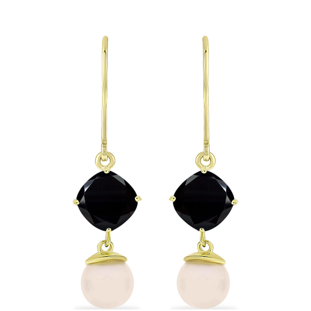 Brincos de Prata com Banho de Ouro com Ónix Preta de Suwar e Pérola Branca de Água Doce 1 