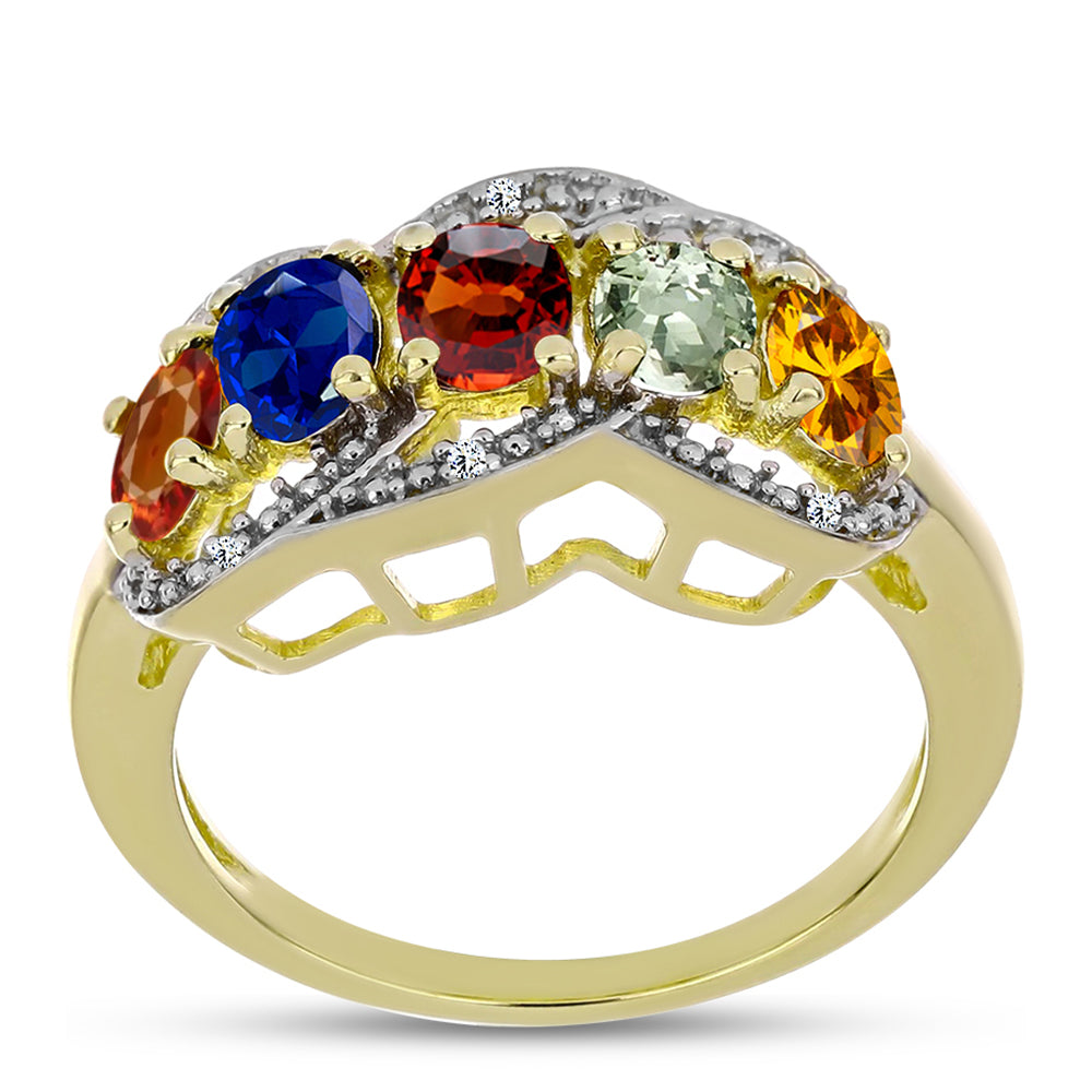 Anel de Prata com Banho de Ouro com Safira Arco-íris de Rosebery e Topázio Branco  Contraste: Cabeca de Veado (800)