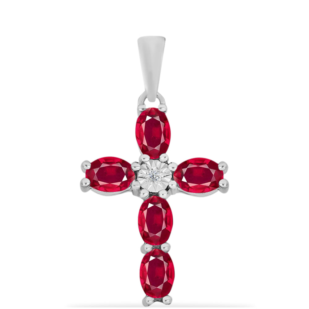 Cruz Pendente de Prata com Rubi de Madagáscar e Diamante Branco