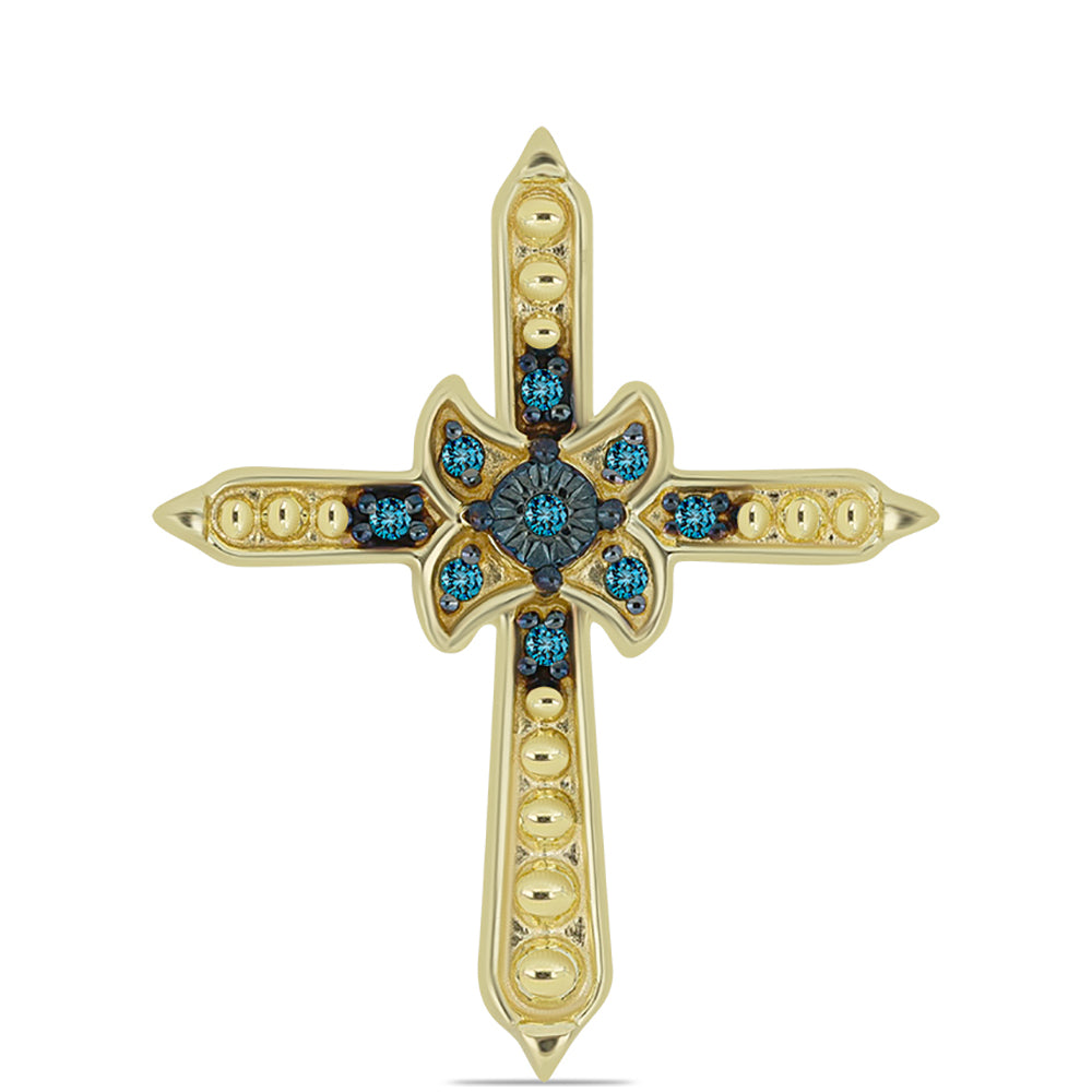 Cruz Pendente de Prata com Banho de Ouro com Diamante Azul 1 