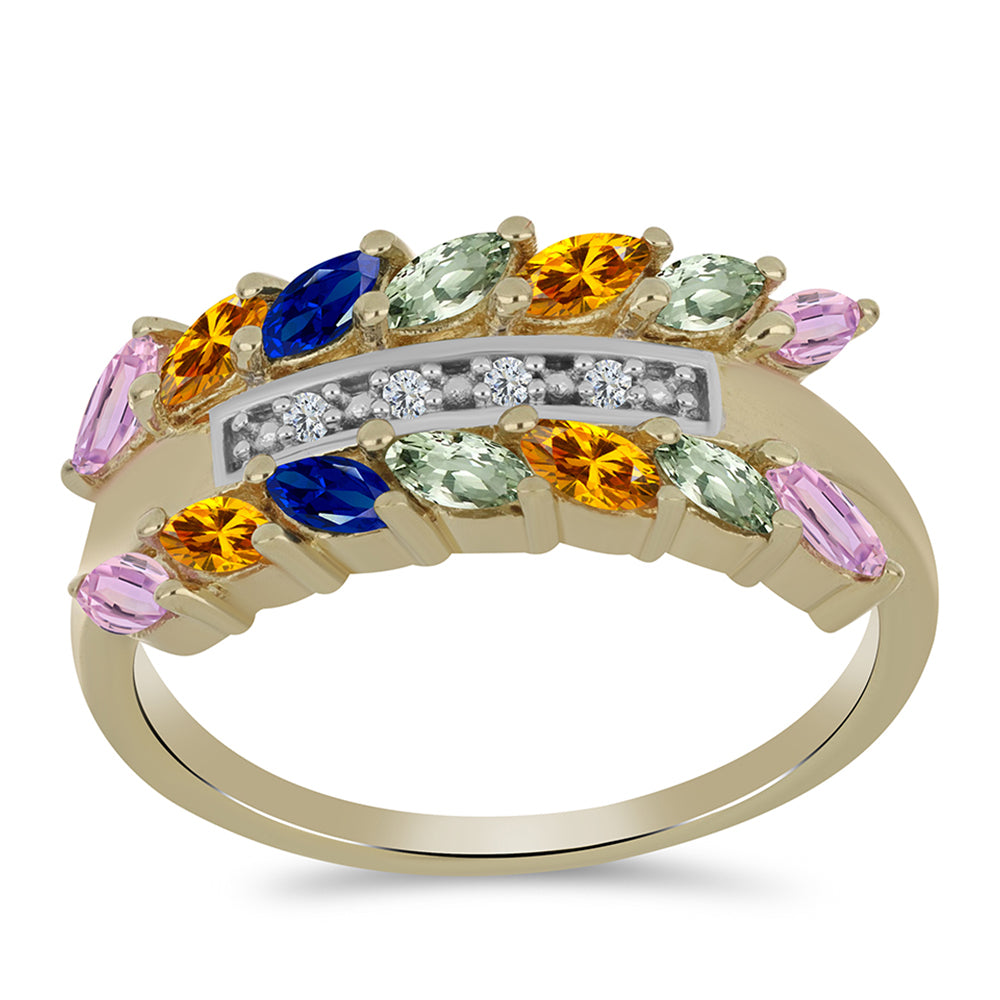 Anel de Prata com Banho de Ouro com Safira Arco-íris de Rosebery e Topázio Branco 3 