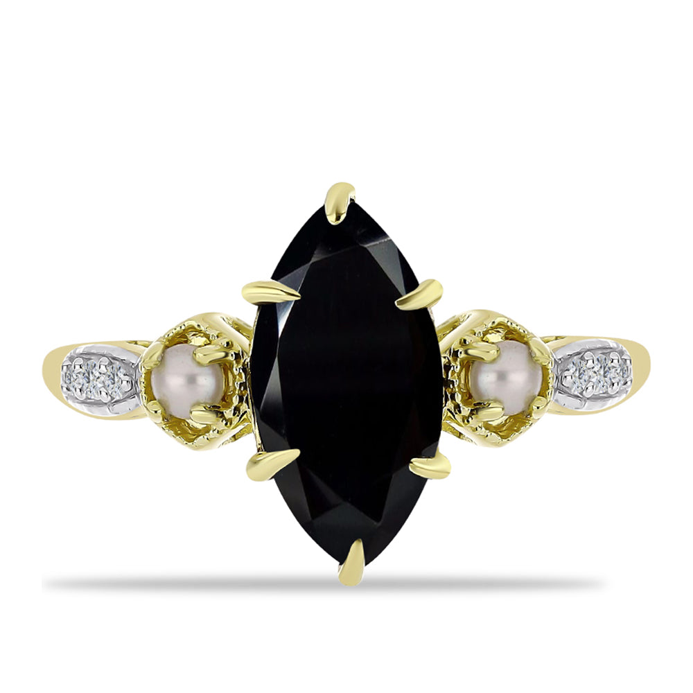 Anel de Prata com Banho de Ouro com Ónix Preta de Suwar e Pérola Branca de Água Doce 1 