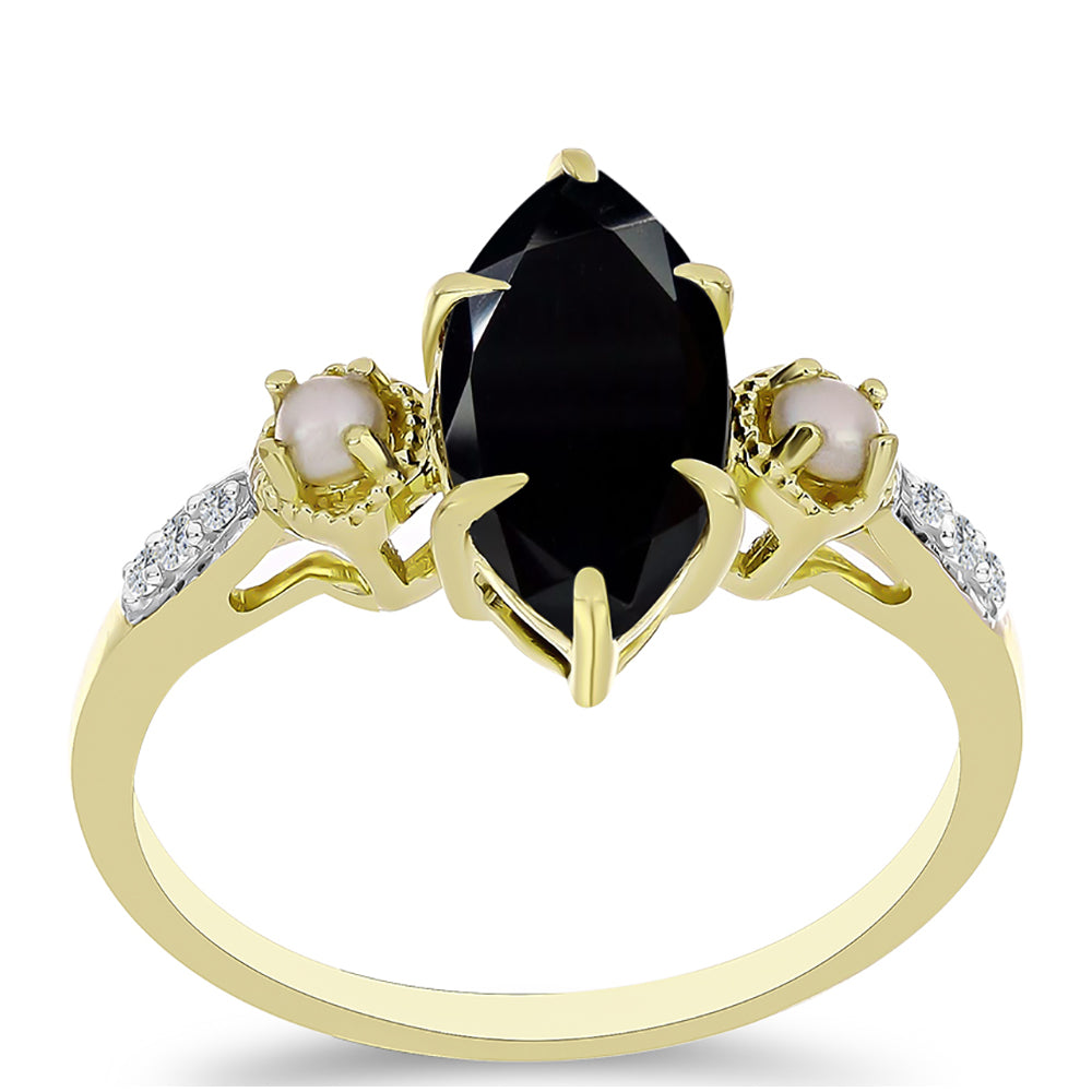 Anel de Prata com Banho de Ouro com Ónix Preta de Suwar e Pérola Branca de Água Doce