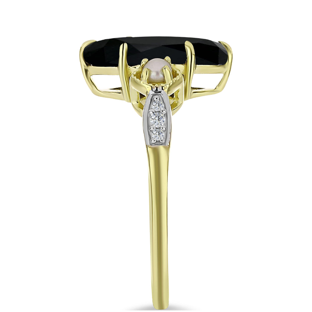 Anel de Prata com Banho de Ouro com Ónix Preta de Suwar e Pérola Branca de Água Doce