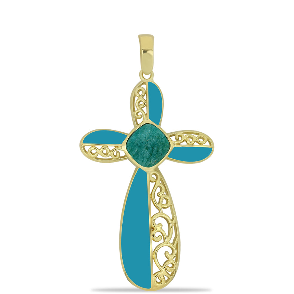 Cruz Pendente de Prata com Banho de Ouro com Amazonita  Contraste: Cabeca de Veado (800)