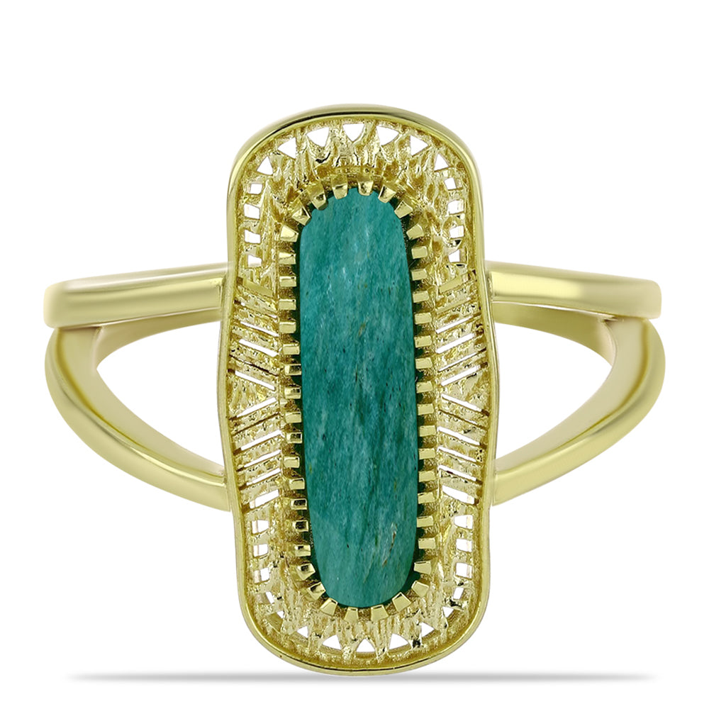 Anel de Prata com Banho de Ouro com Amazonita  Contraste: Cabeca de Veado (800)