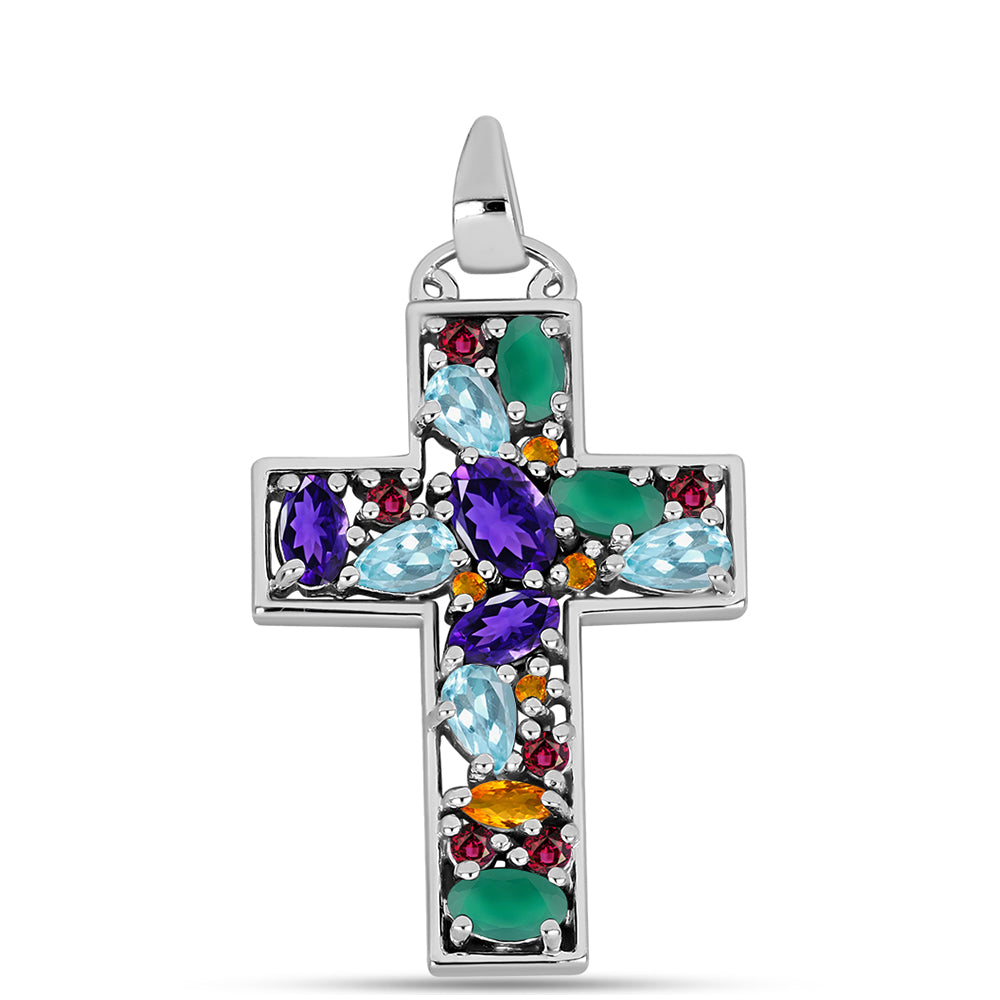 Cruz Pendente de Prata com Ametista de Marrocos e Ágata Verde  Contraste: Cabeca de Veado (800)