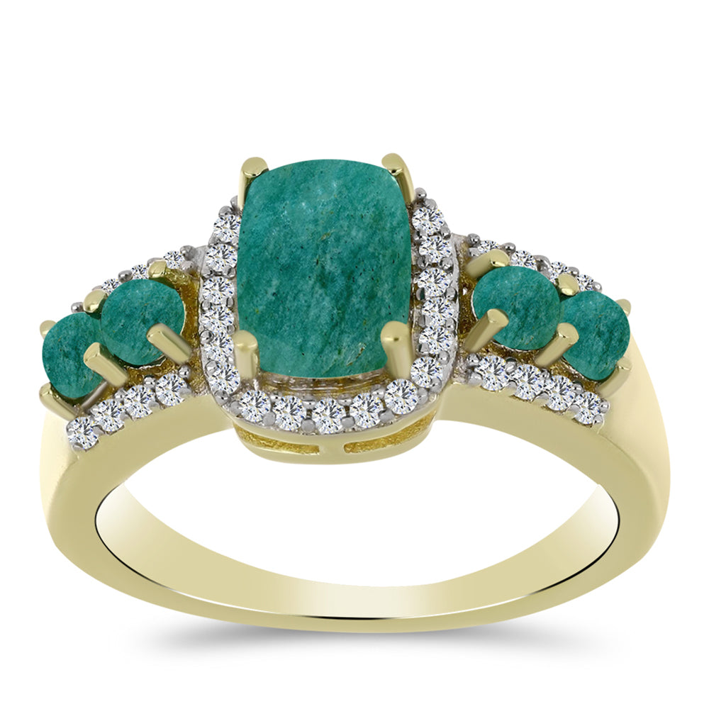 Anel de Prata com Banho de Ouro com Amazonita e Topázio Branco  Contraste: Cabeca de Veado (800)