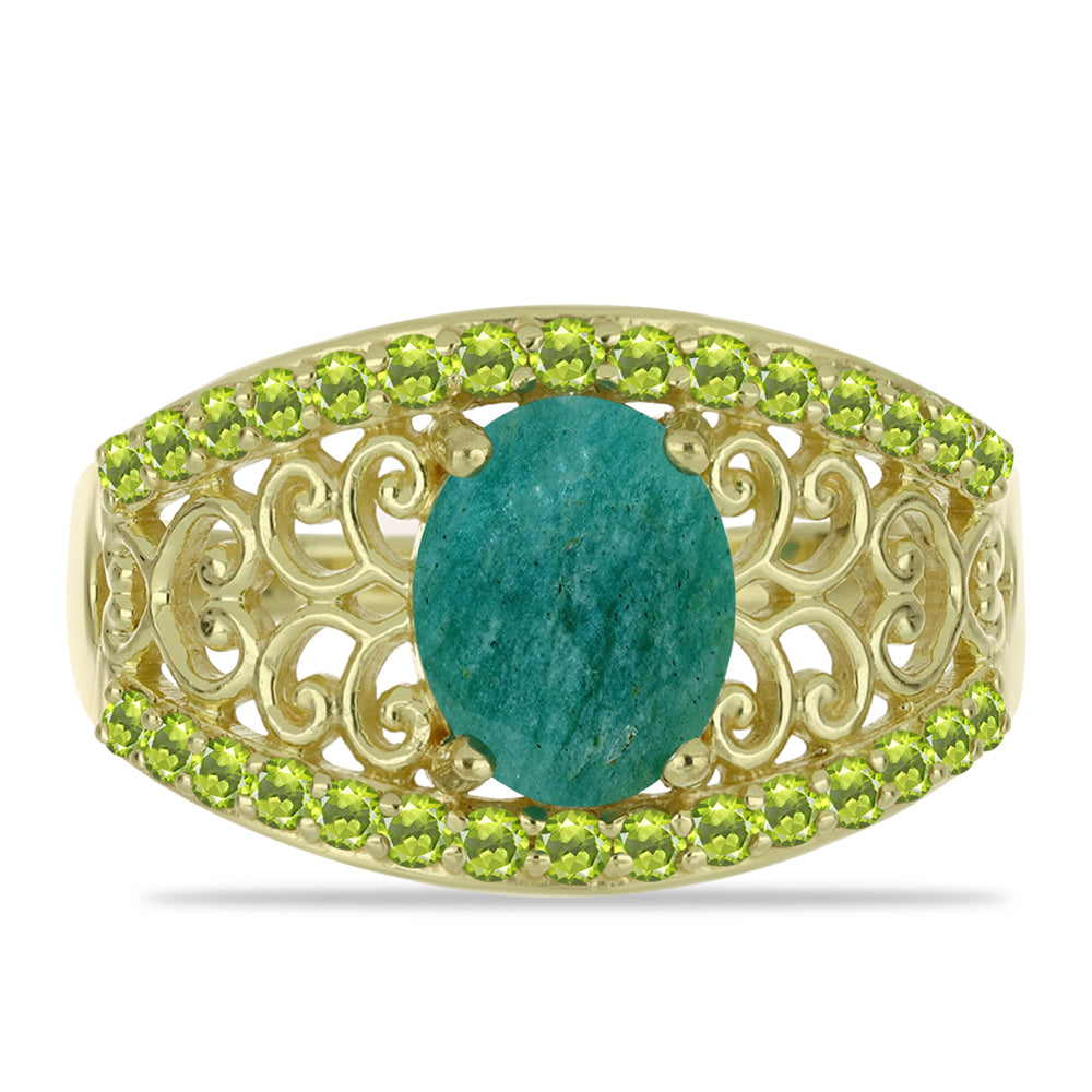 Anel de Prata com Banho de Ouro com Amazonita e Peridoto de Changbai  Contraste: Cabeca de Veado (800) 1 