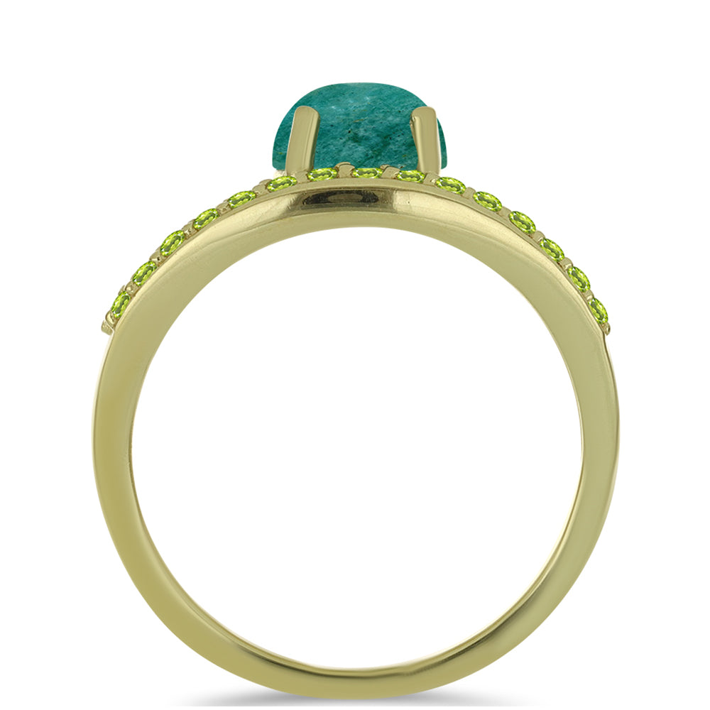 Anel de Prata com Banho de Ouro com Amazonita e Peridoto de Changbai  Contraste: Cabeca de Veado (800) 2 