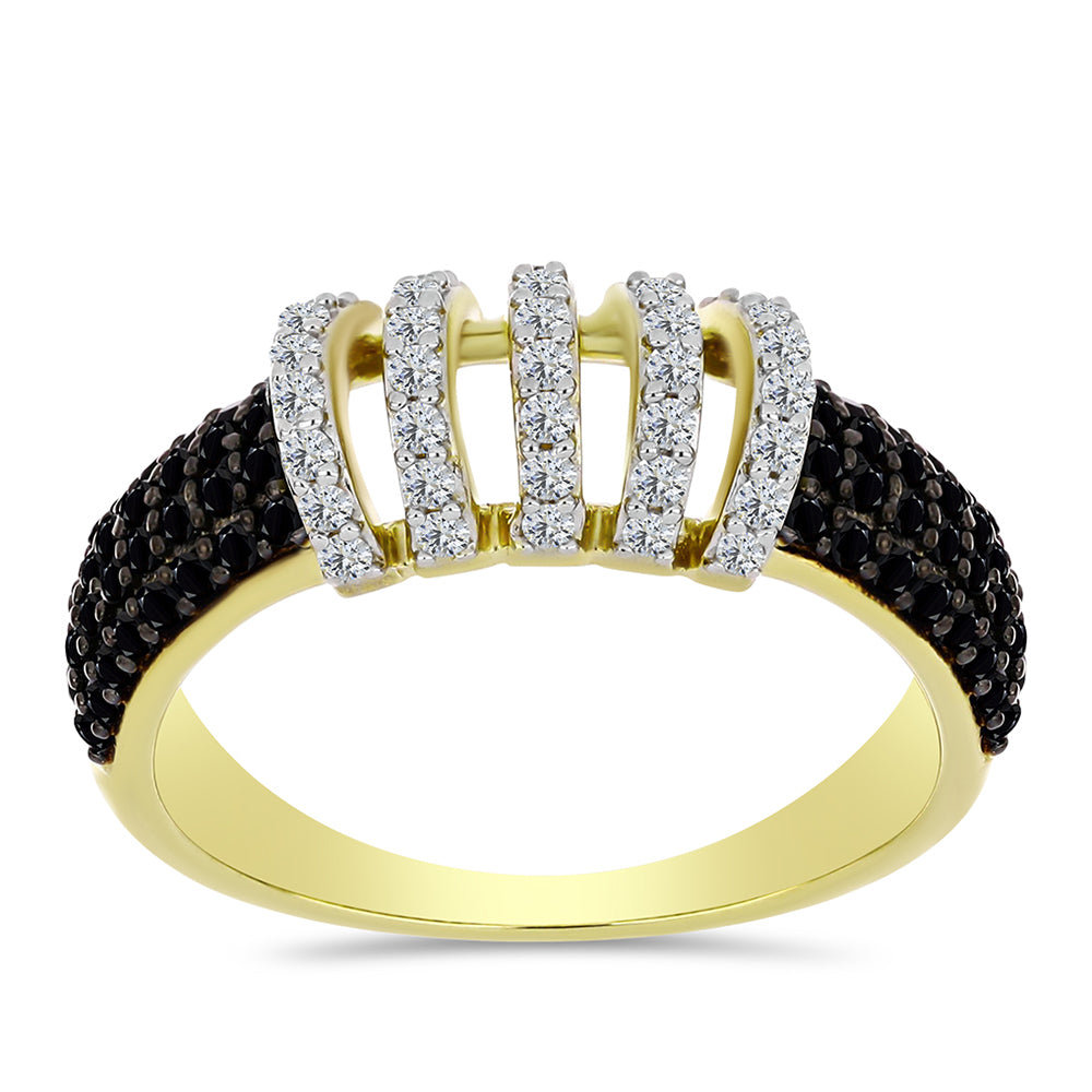 Anel de Prata com Banho de Ouro com Espinela Preta e Topázio Branco  Contraste: Cabeca de Veado (800)