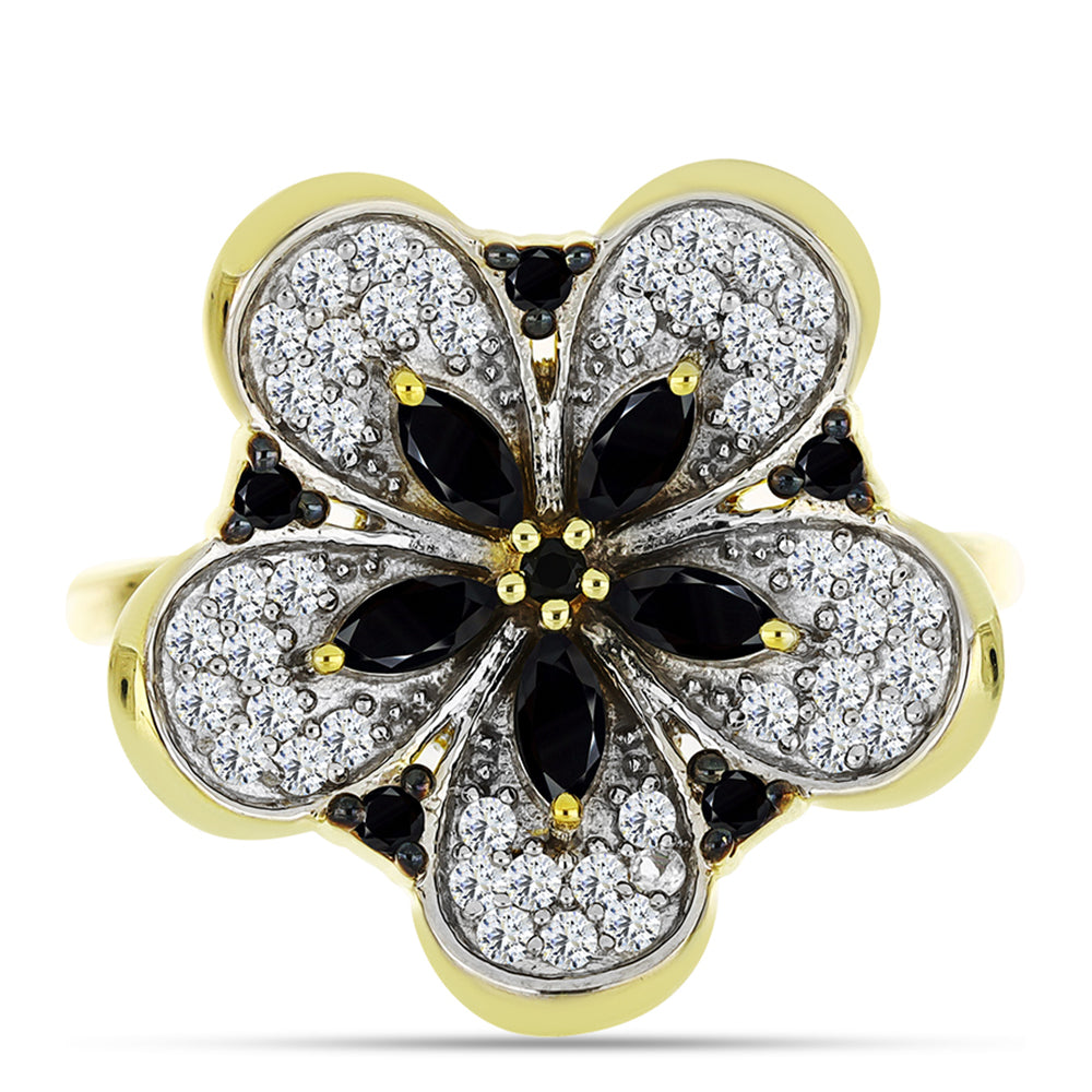 Anel de Prata com Banho de Ouro com Espinela Preta e Topázio Branco  Contraste: Cabeca de Veado (800)