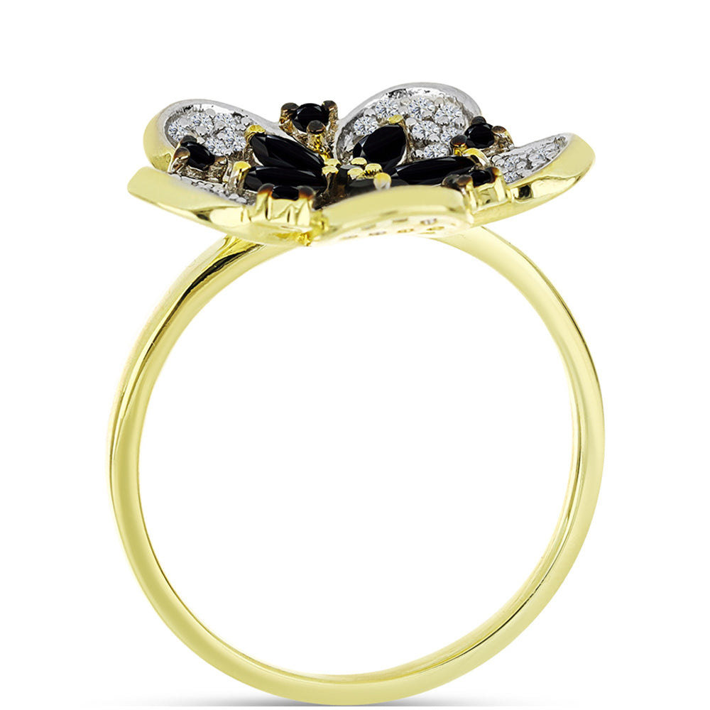 Anel de Prata com Banho de Ouro com Espinela Preta e Topázio Branco  Contraste: Cabeca de Veado (800)