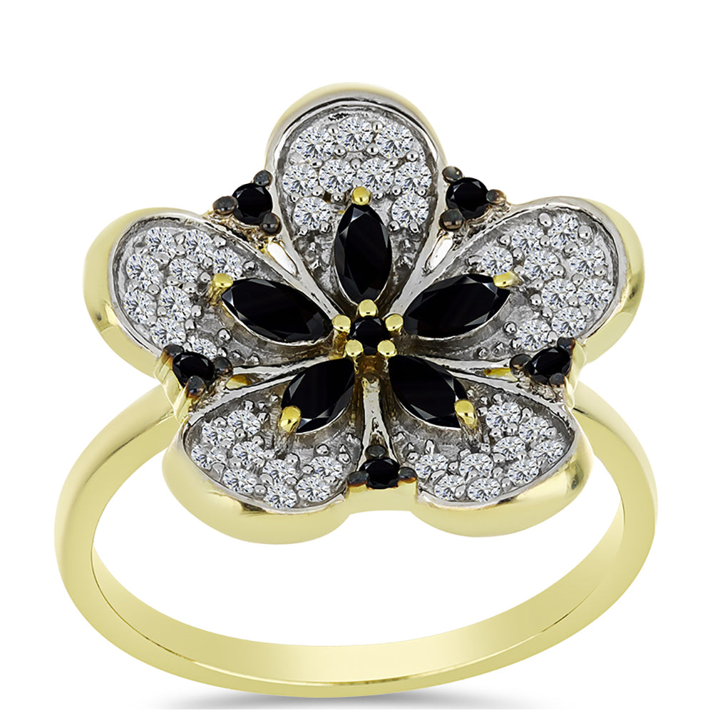 Anel de Prata com Banho de Ouro com Espinela Preta e Topázio Branco  Contraste: Cabeca de Veado (800) 3 