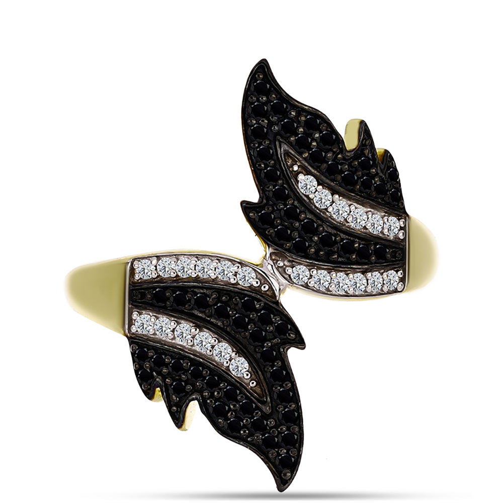 Anel de Prata com Banho de Ouro com Espinela Preta e Topázio Branco  Contraste: Cabeca de Veado (800)