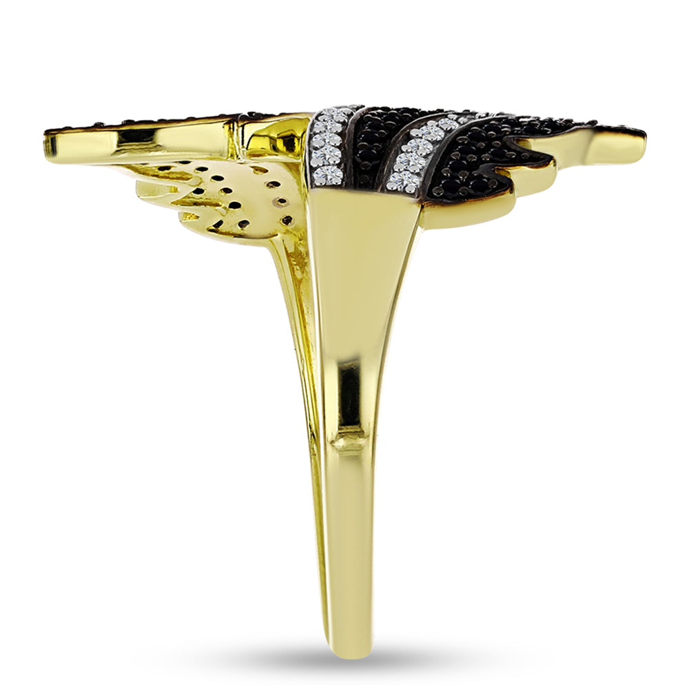 Anel de Prata com Banho de Ouro com Espinela Preta e Topázio Branco  Contraste: Cabeca de Veado (800) 4 