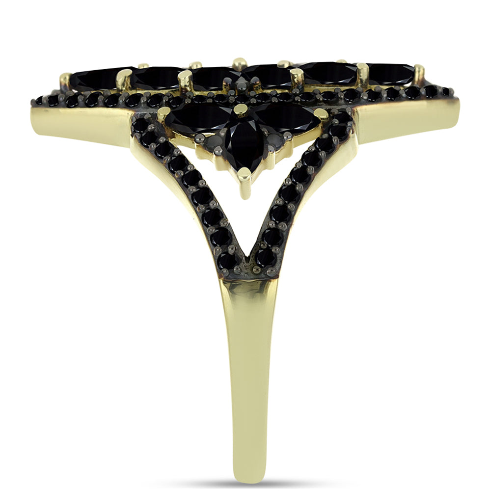 Anel de Prata com Banho de Ouro com Espinela Preta  Contraste: Cabeca de Veado (800) 4 