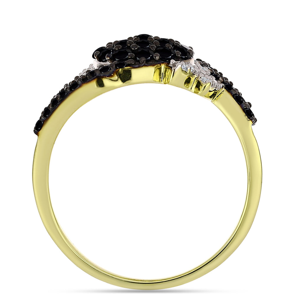 Anel de Prata com Banho de Ouro com Espinela Preta e Topázio Branco  Contraste: Cabeca de Veado (800)