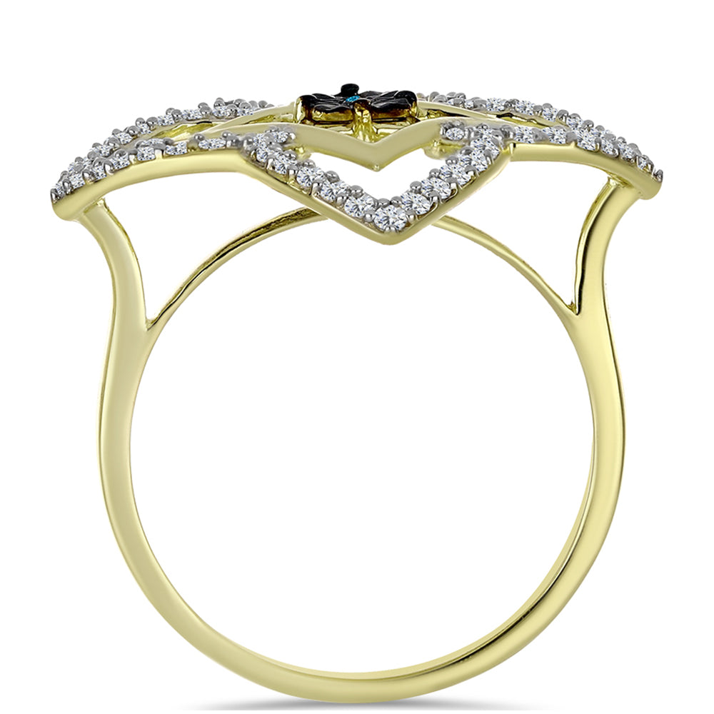 Anel de Prata com Banho de Ouro com Diamante Azul e Topázio Branco  Contraste: Cabeca de Veado (800)