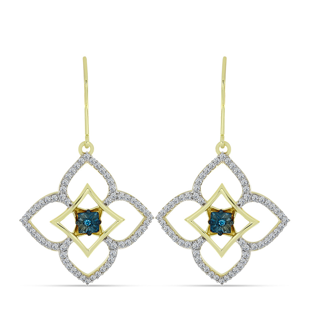 Brincos de Prata com Banho de Ouro com Diamante Azul e Topázio Branco