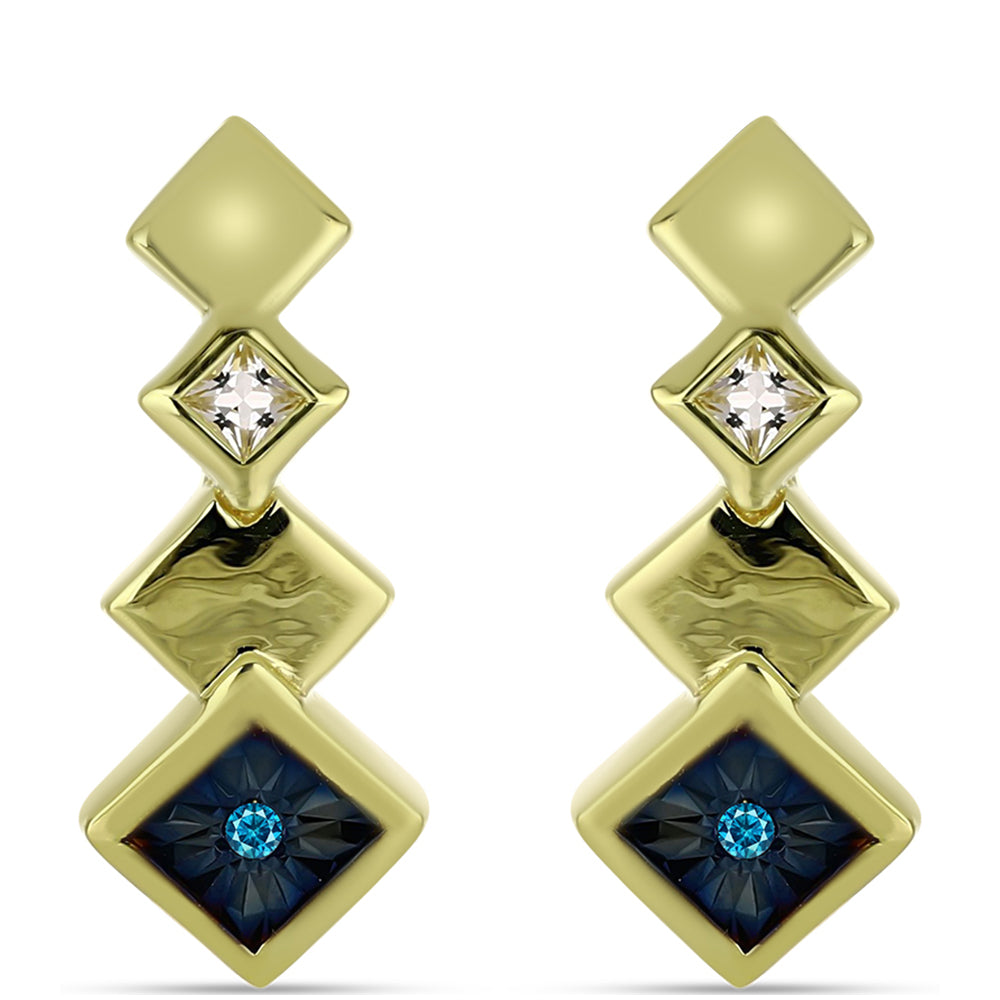 Brincos de Prata com Banho de Ouro com Diamante Azul e Topázio Branco 1 