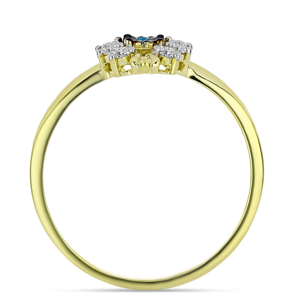 Anel de Prata com Banho de Ouro com Diamante Azul e Topázio Branco