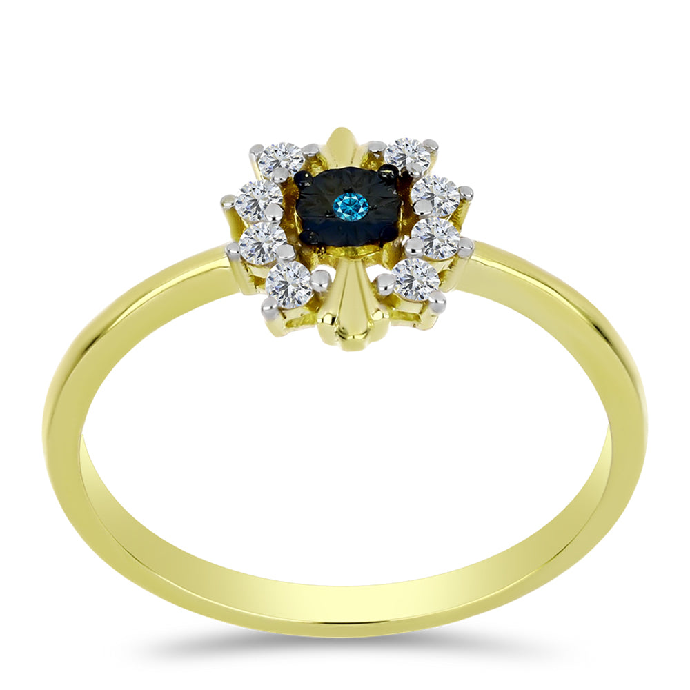 Anel de Prata com Banho de Ouro com Diamante Azul e Topázio Branco