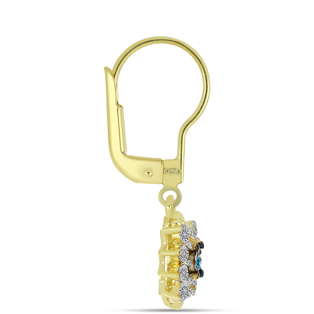 Brincos de Prata com Banho de Ouro com Diamante Azul e Topázio Branco 2 