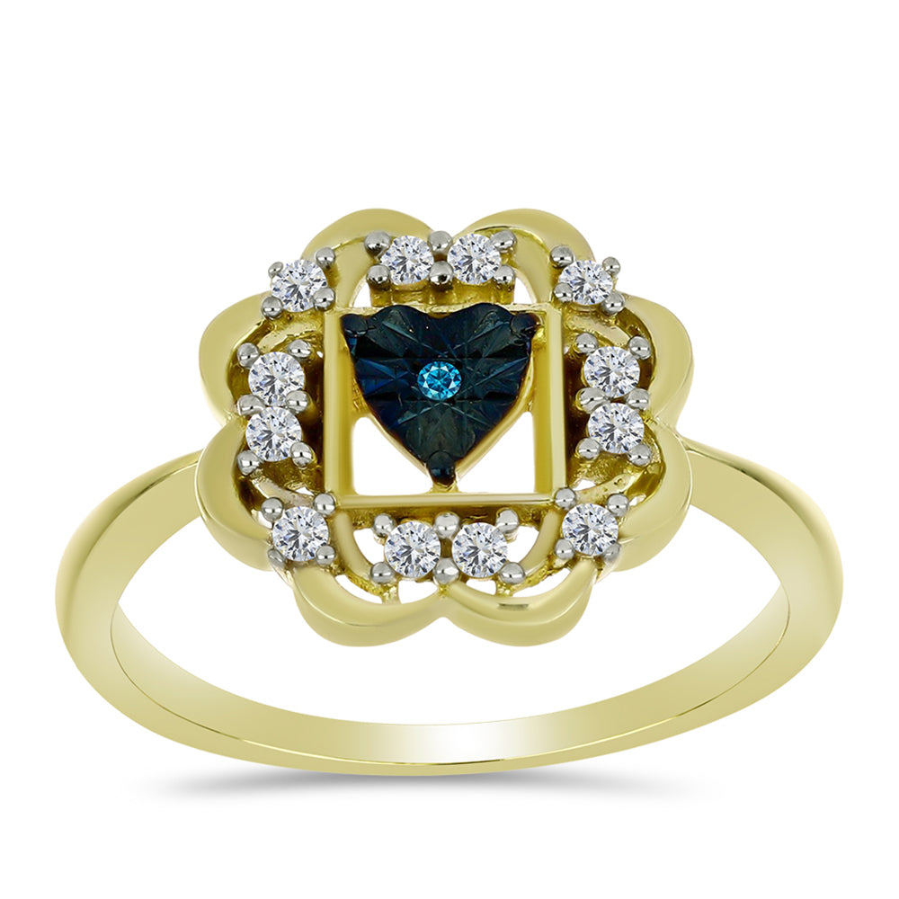 Anel de Prata com Banho de Ouro com Diamante Azul e Topázio Branco  Contraste: Cabeca de Veado (800)
