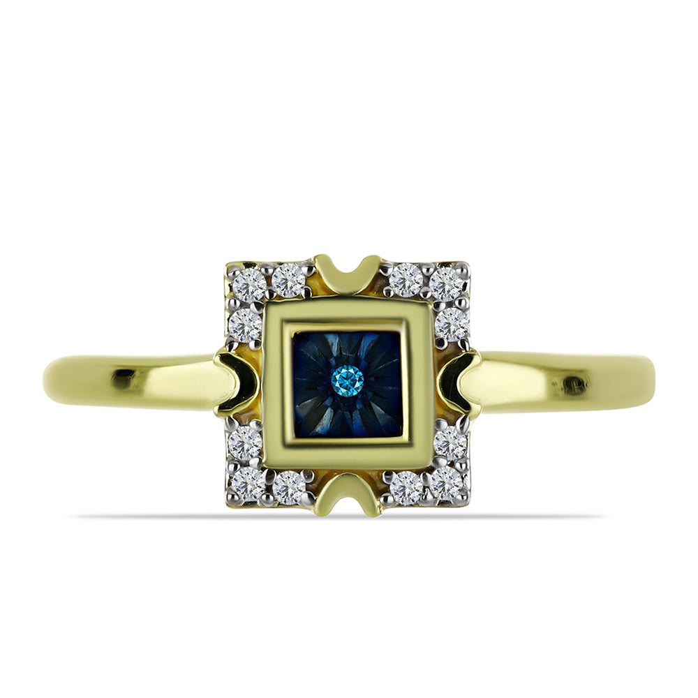 Anel de Prata com Banho de Ouro com Diamante Azul e Topázio Branco 1 