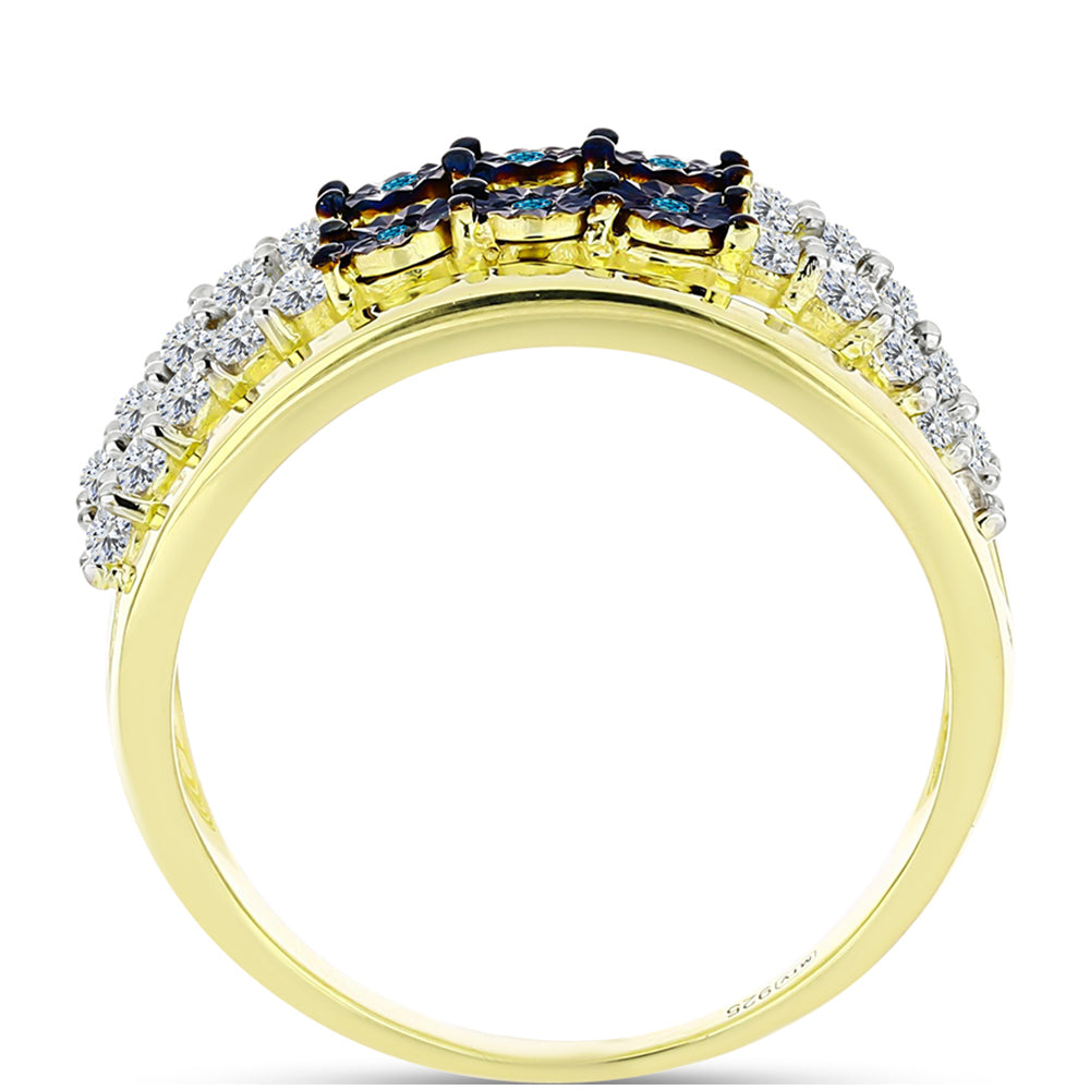 Anel de Prata com Banho de Ouro com Diamante Azul e Topázio Branco  Contraste: Cabeca de Veado (800) 2 