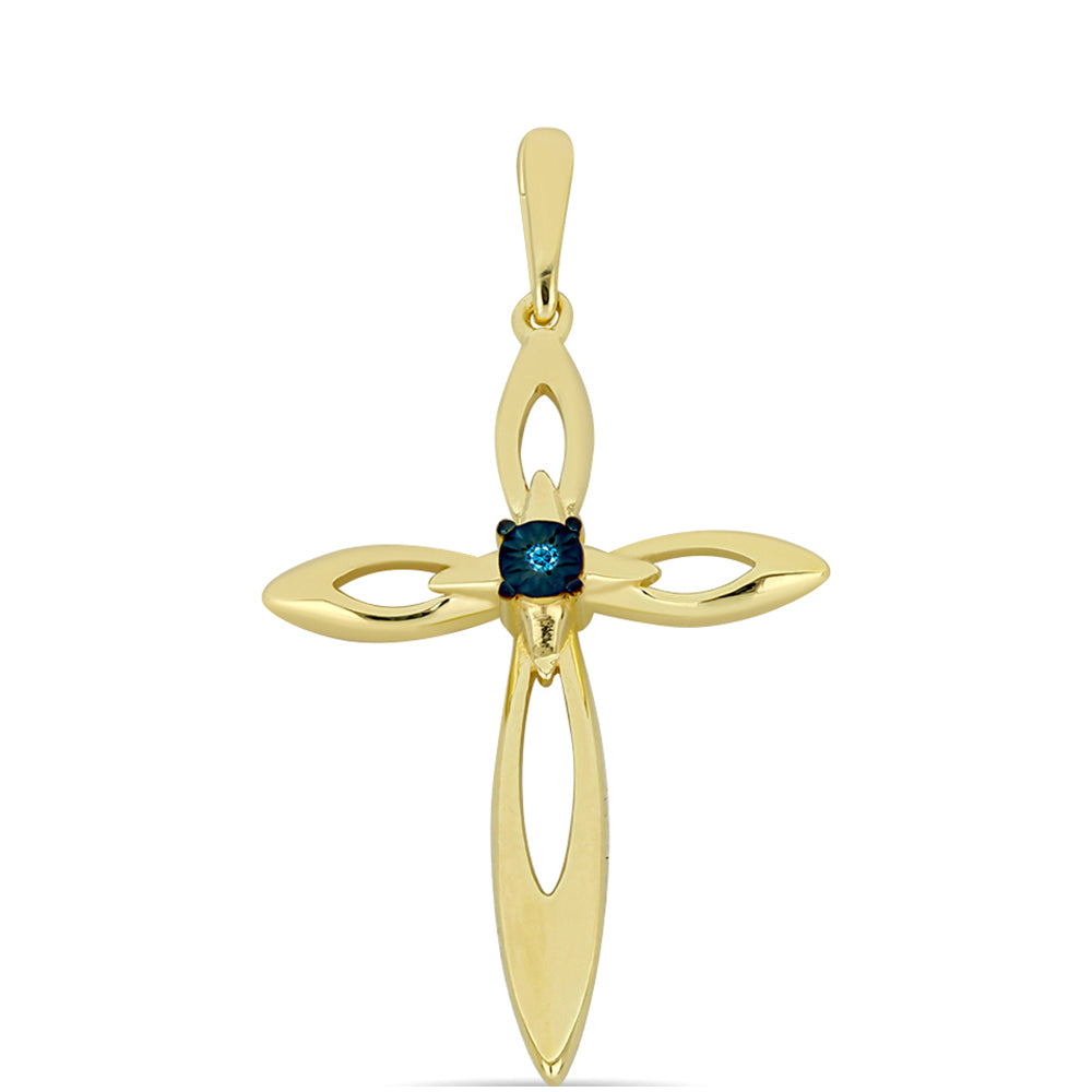 Cruz Pendente de Prata com Banho de Ouro com Diamante Azul 1 