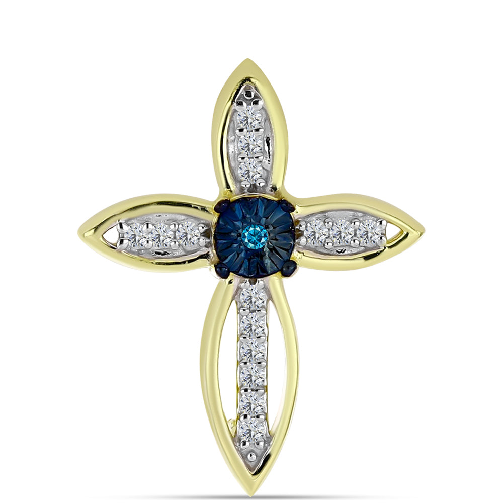 Cruz Alfinete de Prata com Banho de Ouro com Diamante Azul e Topázio Branco