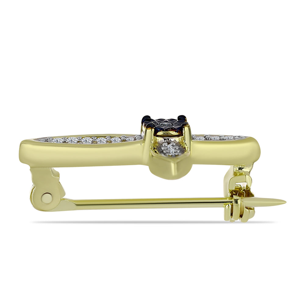 Cruz Alfinete de Prata com Banho de Ouro com Diamante Azul e Topázio Branco 2 