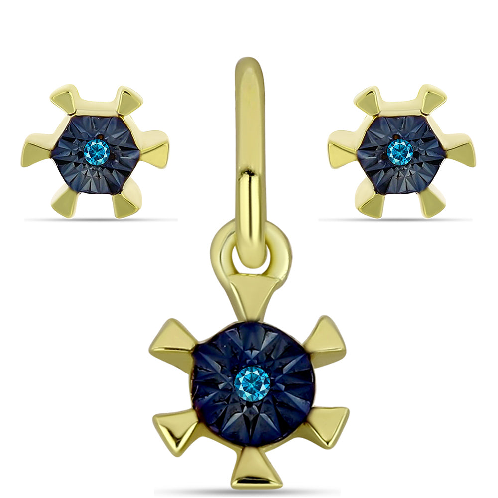 Conjunto de Prata com Banho de Ouro com Diamante Azul ( Brincos+Pendente )