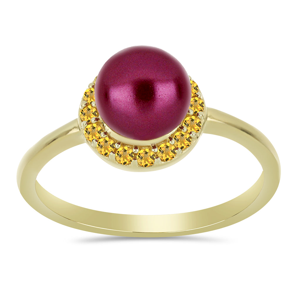 Anel de Prata com Banho de Ouro com Pérola de Água Doce Roxo e Citrino de Ural