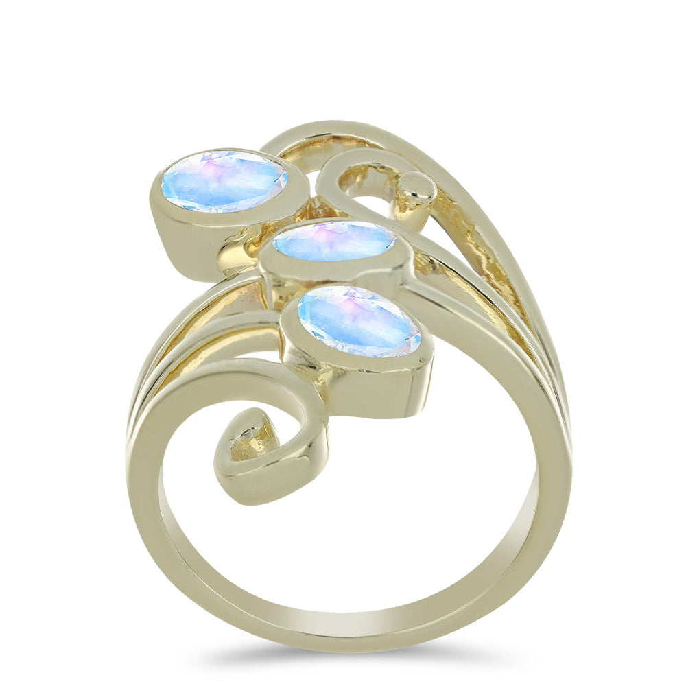 Anel de Prata com Banho de Ouro com Pedra da Lua Arco-íris  Contraste: Cabeca de Veado (800)