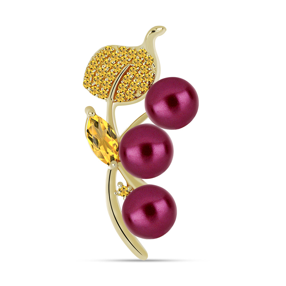 Alfinete de Prata com Banho de Ouro com Pérola de Água Doce Roxo e Citrino de Ural 1 