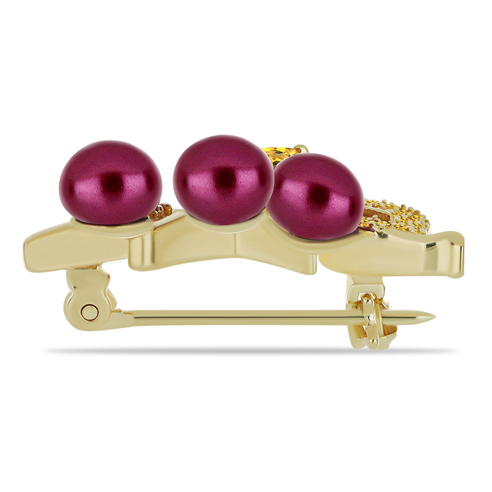 Alfinete de Prata com Banho de Ouro com Pérola de Água Doce Roxo e Citrino de Ural