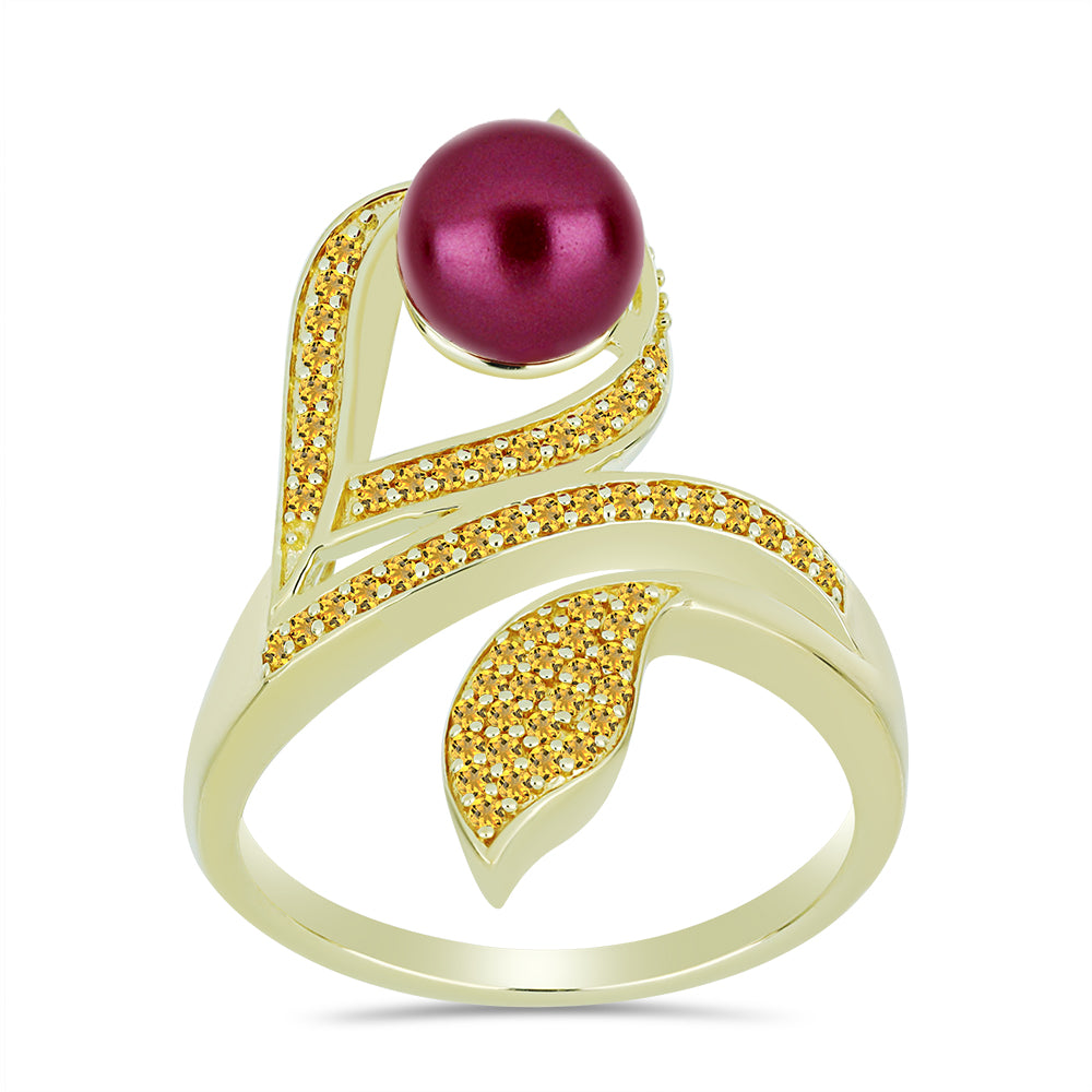 Anel de Prata com Banho de Ouro com Pérola de Água Doce Roxo e Citrino de Ural  Contraste: Cabeca de Veado (800)