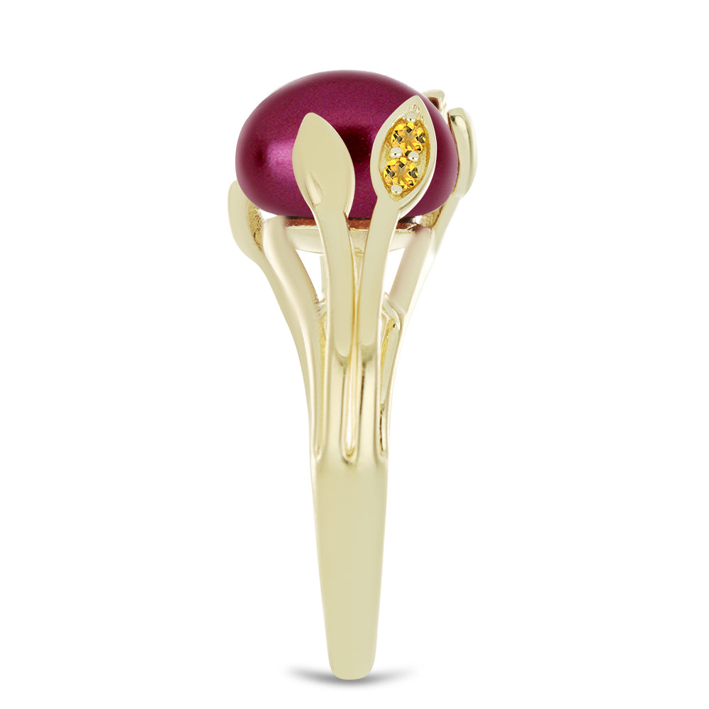 Anel de Prata com Banho de Ouro com Pérola de Água Doce Roxo e Citrino de Ural